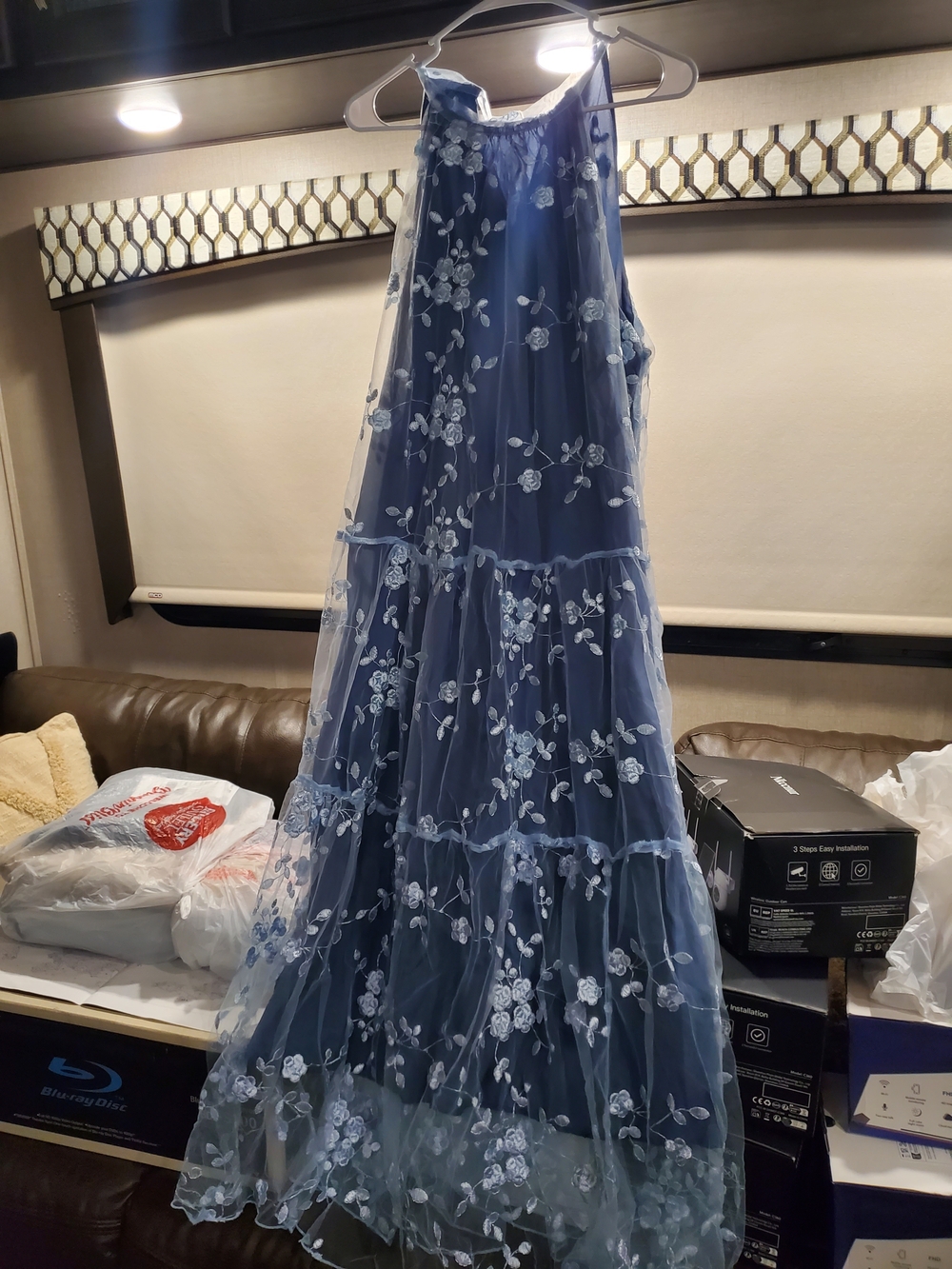 SHEIN Blue Floral Embroidered Asymmetrical Maxi Dress